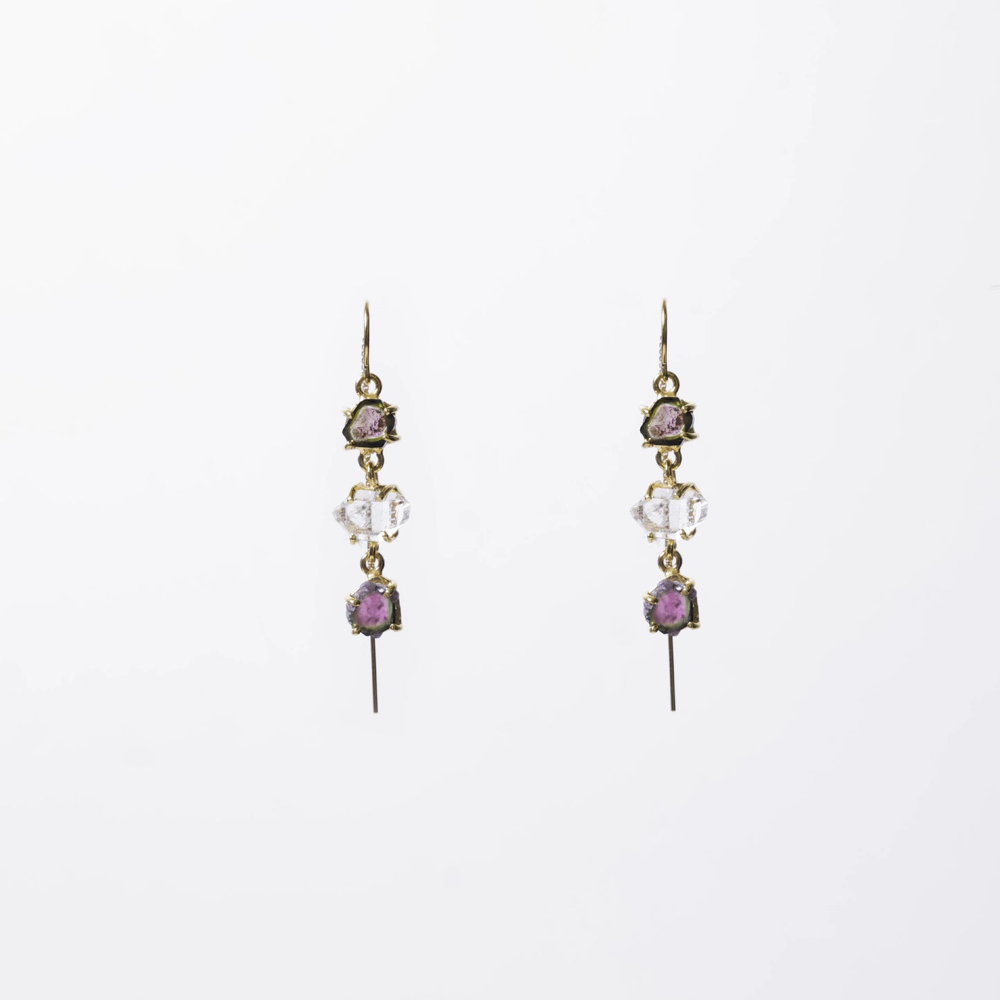 Triple Drop Watermelon Tourmaline Herkimer Diamond Earrings