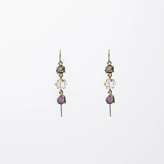 Triple Drop Watermelon Tourmaline Herkimer Diamond Earrings