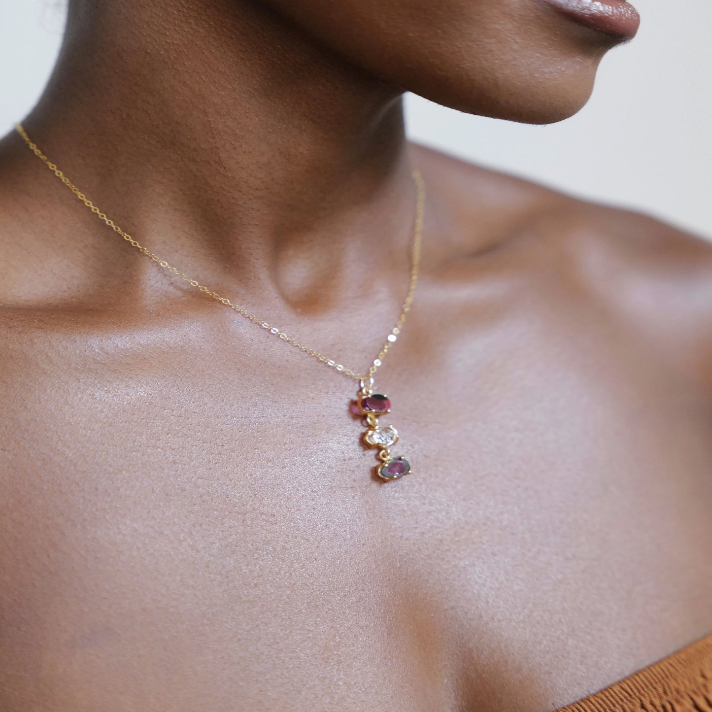 Triple Drop Watermelon Tourmaline Herkimer Diamond Necklace