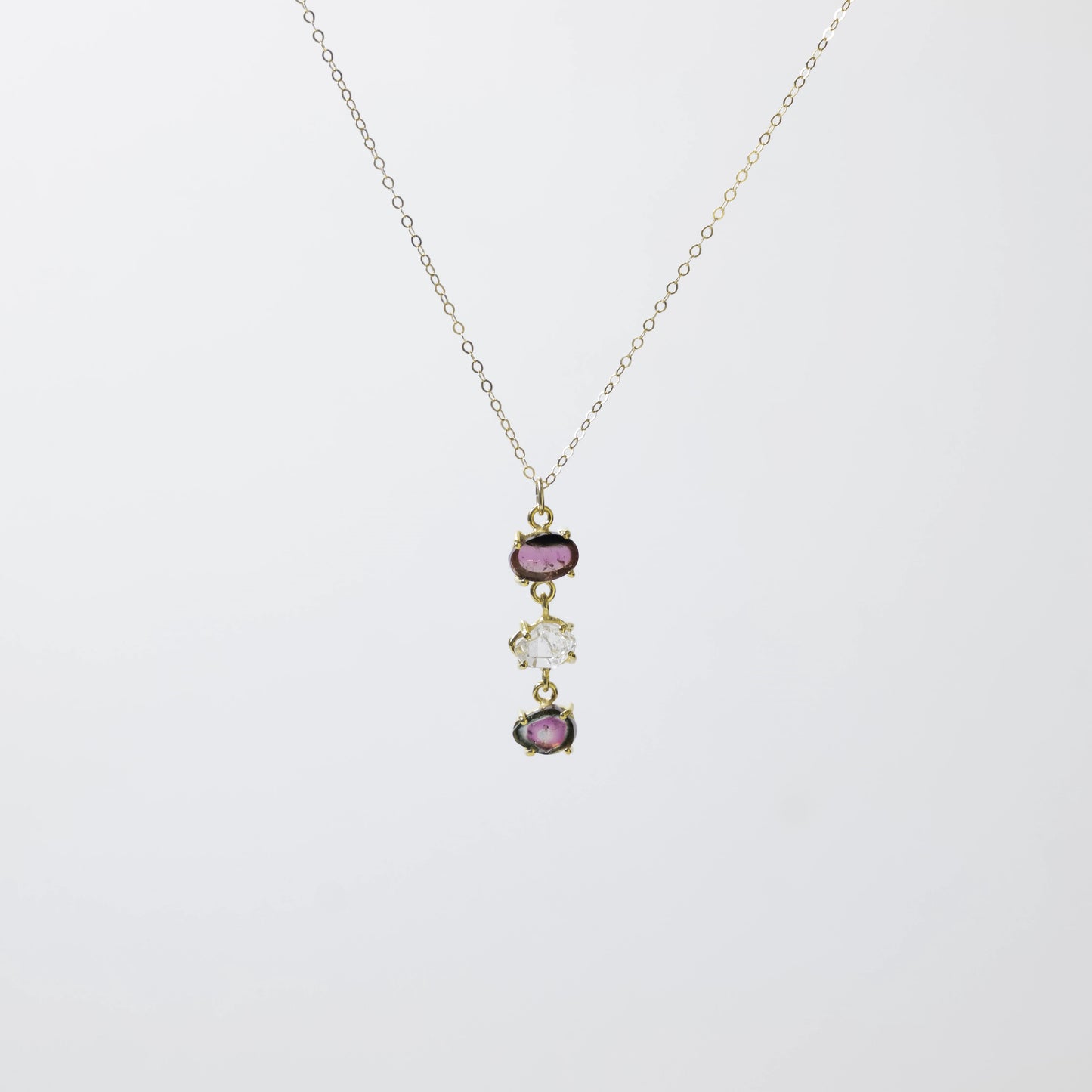 Triple Drop Watermelon Tourmaline Herkimer Diamond Necklace